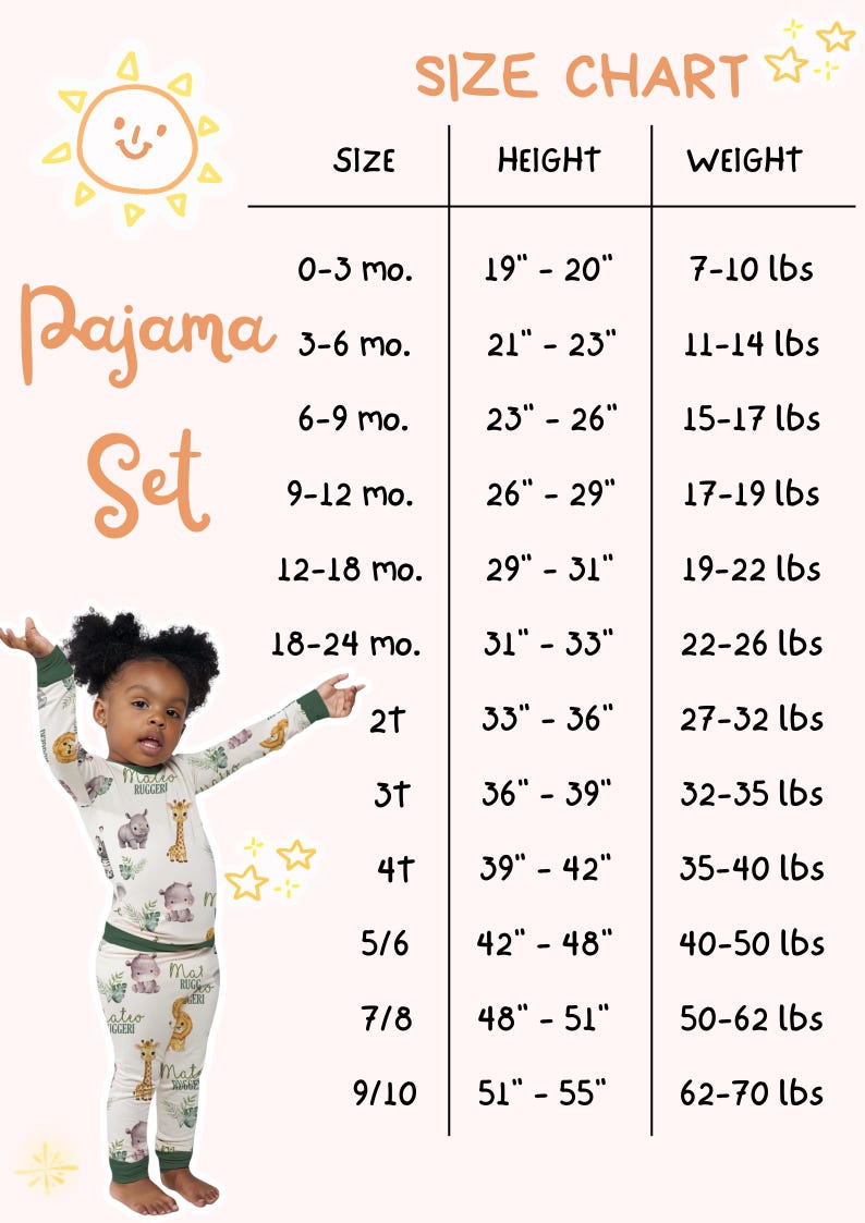 May include: A size chart for pajama sets, with measurements in inches and pounds. The chart includes sizes from 0-3 months to 9/10, with corresponding height and weight ranges. A young child models a pajama set with animal graphics.