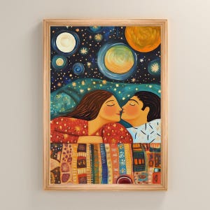 Sternenhimmel Gemälde, Romantische Nacht Umarmung, Sternenhimmel Gemälde, Himmlische Liebe, Wunderliche Schlafzimmer Dekoration, Kosmische Liebende Druck