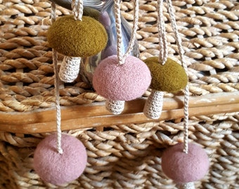 Woodland Nursery garland mushroom garland crochet felt decor toadstool pink olive beige baby shower gift woodland cottagecore  decoration