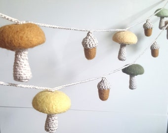 Mushroom acorn ornament garland felt wool toadstool Alice in wonderland pastel pink yellow green red white woodland nursery baby shower gift