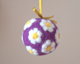 Easter ornament Felted wool ball or egg spring tree ornament lavender with white flowers decoration handmade felt wool gift for her