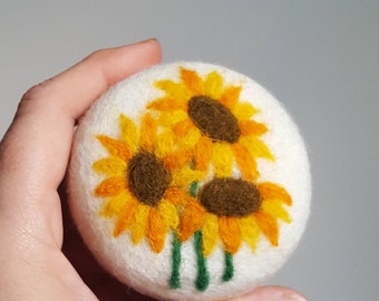 White pin cushion with sunflower Van Gogh flower pincushion needle felted wool gift for sewer quilter hostess home decor her Mother day