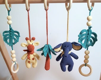 Safari baby play gym toy set toddler activity centre African animals giraffe elephant palm tree amigurumi Gender neutral Baby shower gift