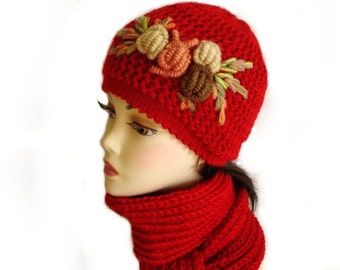 Hand Knit Red Hat and Scarf Set Red with Crochet Flower