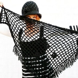 Hand Knit Triangle Shawl Black Fringe Spider Web Halloween