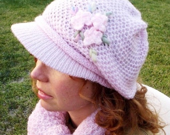 Pink Cashmere Hand Knit Hat with Crochet Flower Slouchy Newsboy hat