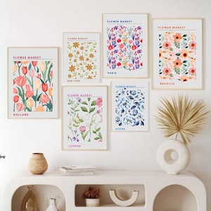 Lot de 6 imprimés Marché aux fleurs, affiches florales tendance, art mural botanique personnalisé, série d'affiches de la galerie de fleurs colorées, téléchargement numérique