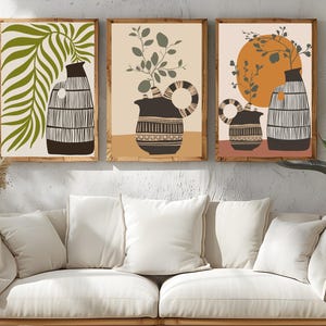 Arte de pared bohemio, juego de 3 impresiones, impresiones artísticas de mediados de siglo, juego de pósteres abstractos, decoración del hogar imprimible, descarga digital, impresión de arte floral,
