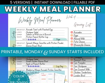 May include: A printable weekly meal planner with a pink and blue color scheme. The planner includes a grocery list, meal planning sections for each day of the week, and a notes section. The planner is designed to help people plan their meals and grocery shopping.