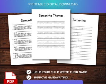 May include: Printable PDF worksheet for tracing the name Samantha. The worksheet includes multiple lines for practicing writing the name in cursive. The worksheet is designed to help children learn to write their name and improve their handwriting.