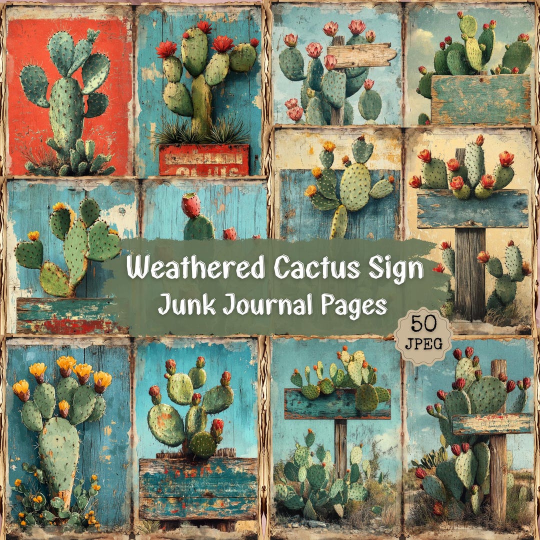 Rustic Cactus Sign Weathered Cactus Sign Junk Journal Kit | Rustic Wooden Sign Decor With ...