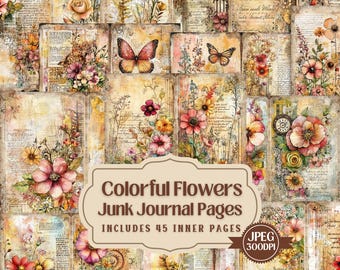 May include: Colourful floral patterned scrapbook pages with a title that reads "Colorful Flowers Junk Journal Pages Includes 45 Inner Pages" and a JPEG 300DPI label.