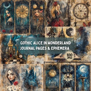 Gothic Alice in Wonderland Journal Pages: Dark Fantasy Ephemera (100 JPG Digital Download)