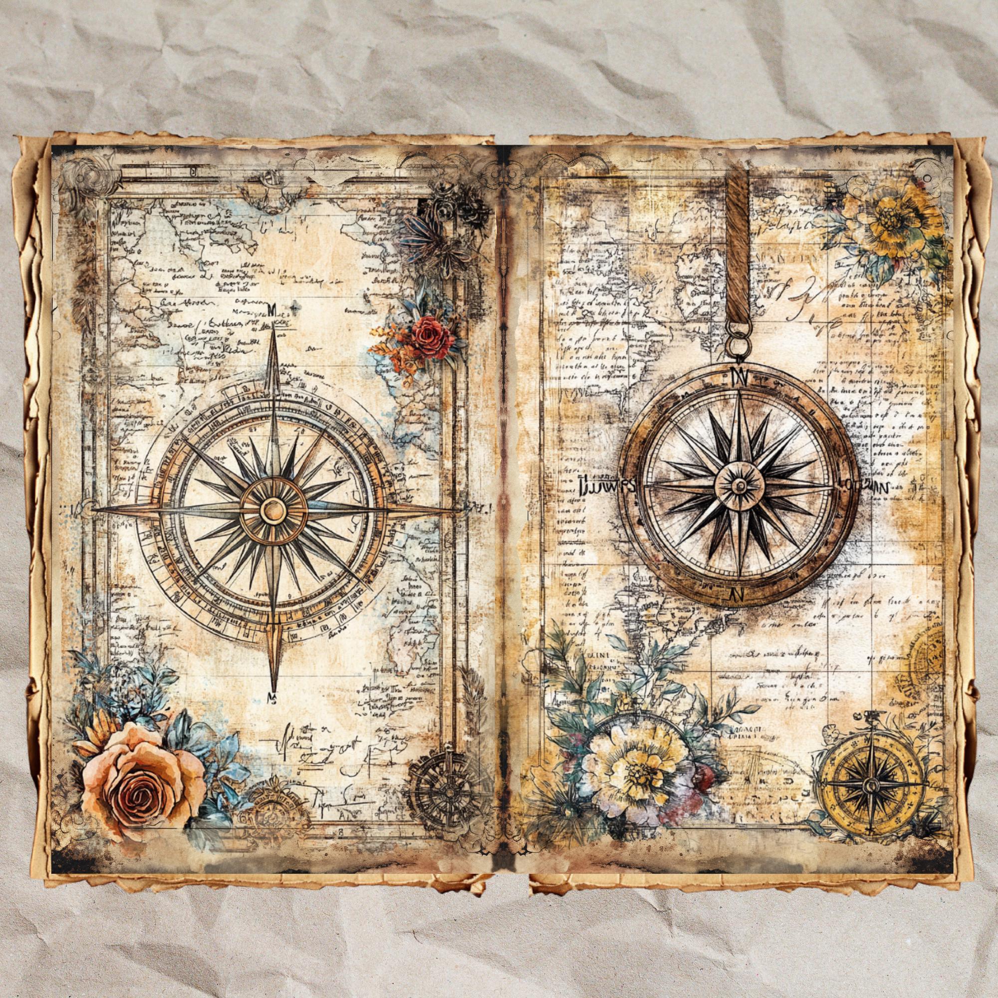 Vintage Compass Map Junk Journal Pages: Shabby Chic Ephemera (40 JPEG ...