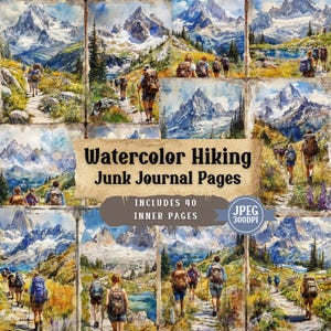 Watercolor Hiking Junk Journal Pages: Shabby Chic Scrapbook (Digital Download)