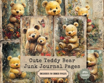 Strony dziennika „Teddy Bear Junk” – efemerydy w stylu shabby chic (50 plików JPG do wydrukowania)