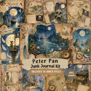 Pode incluir: Um kit de junk journal digital com 56 páginas com temas de Neverland e Peter Pan. As páginas exibem ilustrações de navios, mapas do tesouro, crânios, bússolas e paisagens ao luar em paletas de cores vintage, sépia e azul profundo.