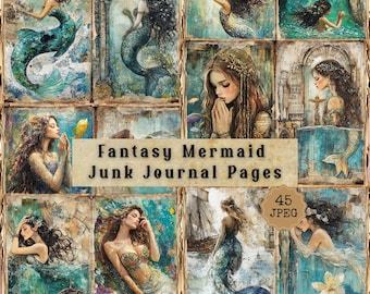 Può includere: Una collezione di pagine di diario spazzatura di sirene fantasy. Le opere d'arte presentano sirene con capelli fluenti e code colorate, ambientate su sfondi oceanici. Il testo "Fantasy Mermaid Junk Journal Pages" è visibile.