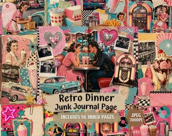 Retro Diner Junk Journal Pages, 1950s Collage, Rockabilly Scrapbook Paper (Digital Download)
