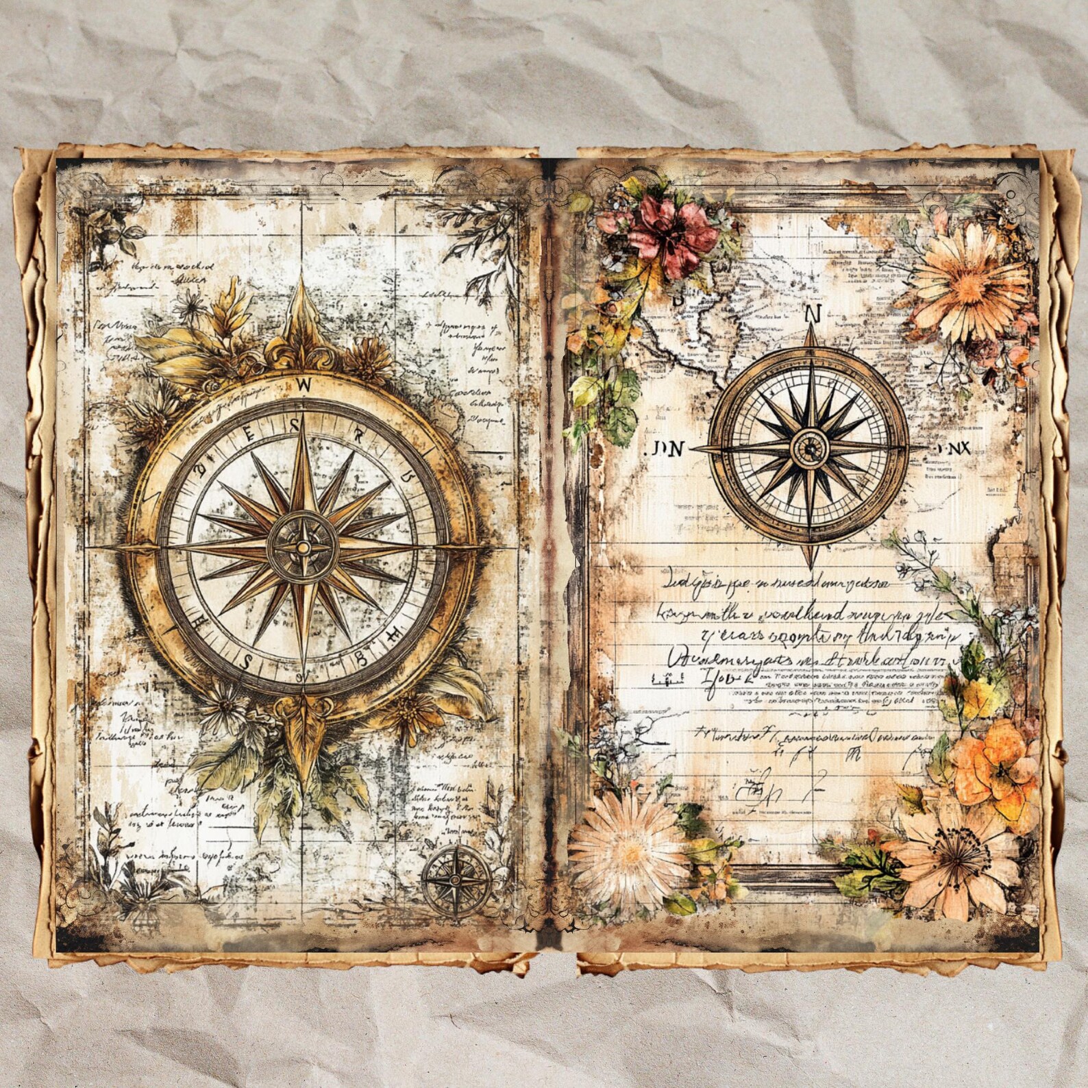 Vintage Compass Map Junk Journal Pages: Shabby Chic Ephemera (40 JPEG ...
