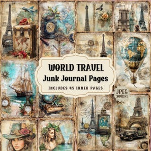 Vintage World Travel Junk Journal Kit: Shabby Chic Ephemera (45 JPEG)