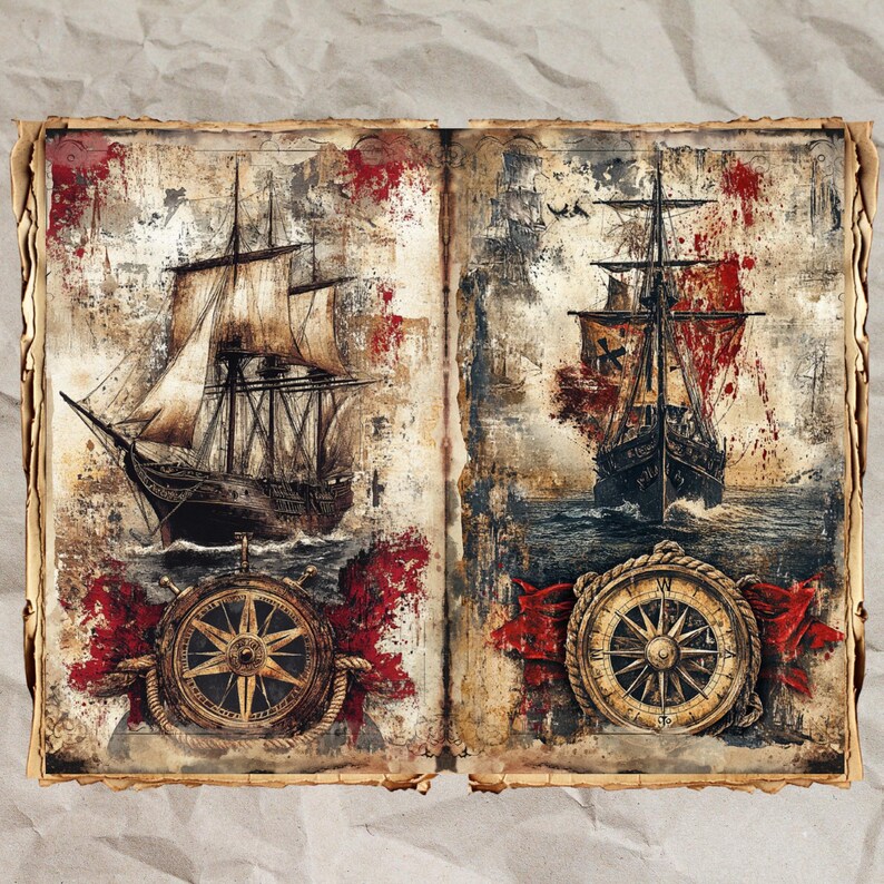 Vintage Pirate Ship Junk Journal Pages: Skull & Compass Ephemera (42 ...