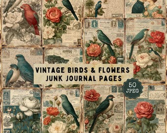 Vintage Birds & Roses Junk Journal Pages: Shabby Chic Ephemera (JPG Digital Download