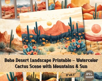 Boho Cactus Desert Landscape Printable – Watercolor Southwestern Wall Art (70 JPEGs)