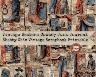 Puede incluir: Un collage con elementos vintage de temática vaquera. La imagen incluye botas de vaquero, sombreros, mezclilla y fotografías en tonos sepia dispuestas sobre un fondo de papel envejecido. El texto dice "Vintage Western Cowboy Junk Journal Shabby Chic Vintage Scrapbook Printable."