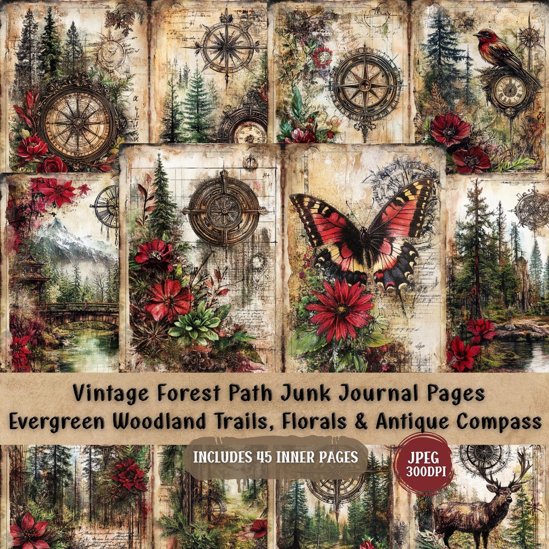 Vintage Forest Path Junk Journal Pages | Evergreen Woodland Trails, Red ...