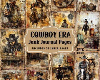 May include: A collage of 10 images featuring cowboys, horses, and saloon scenes. The images are in a vintage style with a brown and gold color scheme. The text "COWBOY ERA Junk Journal Pages INCLUDES 52 INNER PAGES JPEG 300DPI" is at the bottom of the collage.