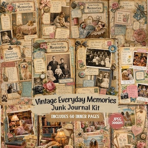 Könnte beinhalten: Ein Vintage Everyday Memories Junk-Journal-Set mit 60 Innenseiten, das Collage-Elemente wie sepiafarbene Fotos, florale Muster, Vintage-Ephemera, handschriftliche Notizen sowie Illustrationen von Alltagsszenen und Haustieren enthält.