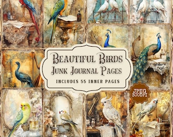 Vintage Birds Junk Journal-sidor: Viktorianskt ephemera (digital nedladdning)
