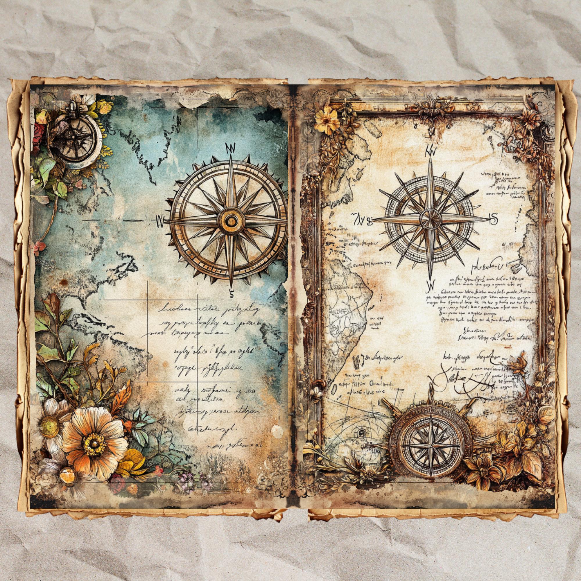 Vintage Compass Map Junk Journal Pages: Shabby Chic Ephemera (40 JPEG ...