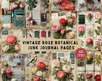 Vintage Rose Botanical Junk Journal-sidor: Shabby Chic Ephemera (JPG)