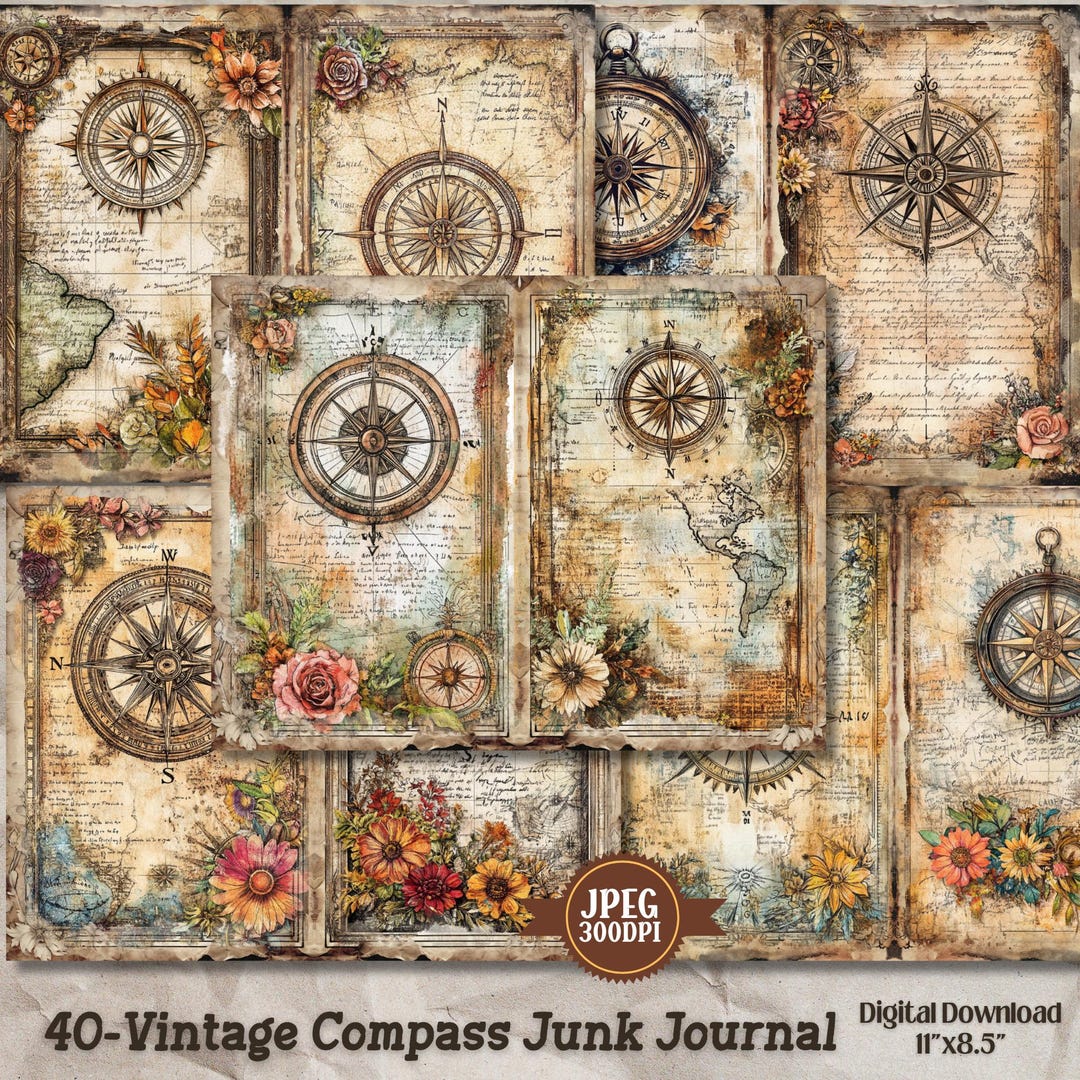 Vintage Compass Map Junk Journal Pages: Shabby Chic Ephemera (40 JPEG ...