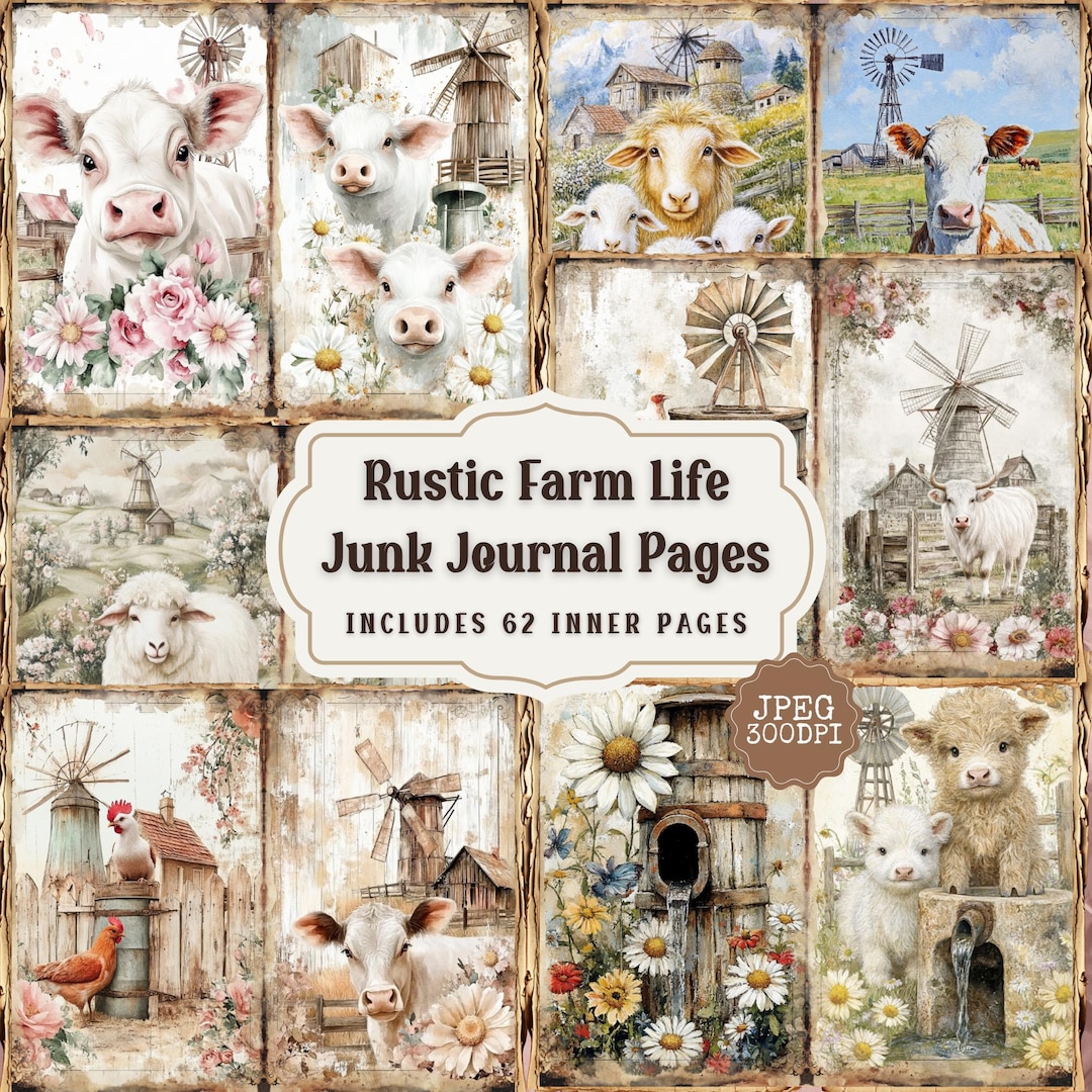 Rustic Field Journal Rustic Farm Life Junk Journal Pages: Vintage Windmill, Barn (digital ...
