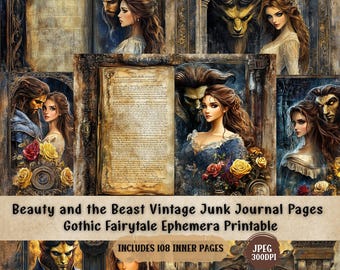 Pode incluir: Uma colagem de ilustrações em estilo vintage com personagens de A Bela e a Fera. As imagens incluem a Fera, Bela e cenas da história, com uma estética gótica de conto de fadas. O texto diz "Beauty and the Beast Vintage Junk Journal Pages".