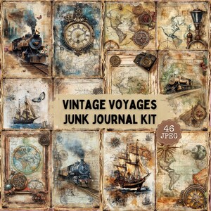Pages vintage de carnet de voyage Voyages | Kit de scrapbooking Voyages intemporels | Éphémères de collage en papier shabby chic pour le scrapbooking | 46 JPEG.