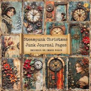 Steampunk Weihnachten Junk Journal Seiten | Vintage Weihnachts-Themen Kit | Shabby Chic Papiermodelle Collage Sheet Ephemera Scrapbook | 44 JPEG.