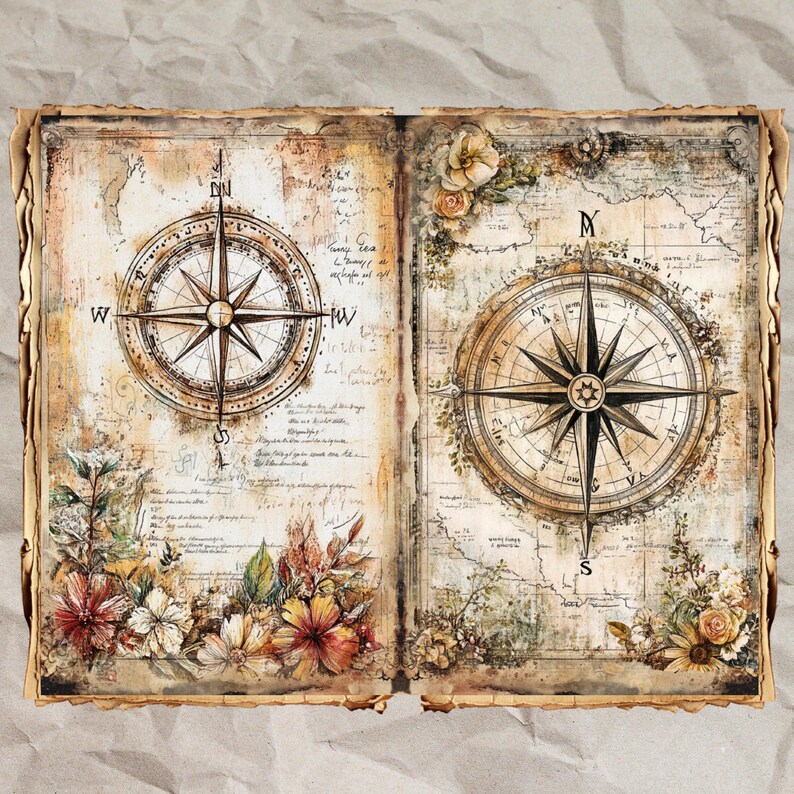 Vintage Compass Map Junk Journal Pages: Shabby Chic Ephemera (40 JPEG ...