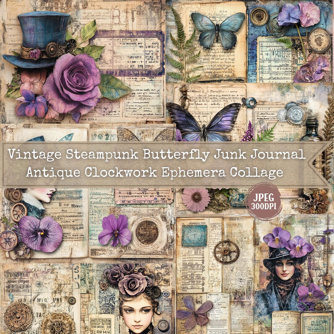 Vintage Steampunk Butterfly Junk Journal Pages | Antique Clockwork ...