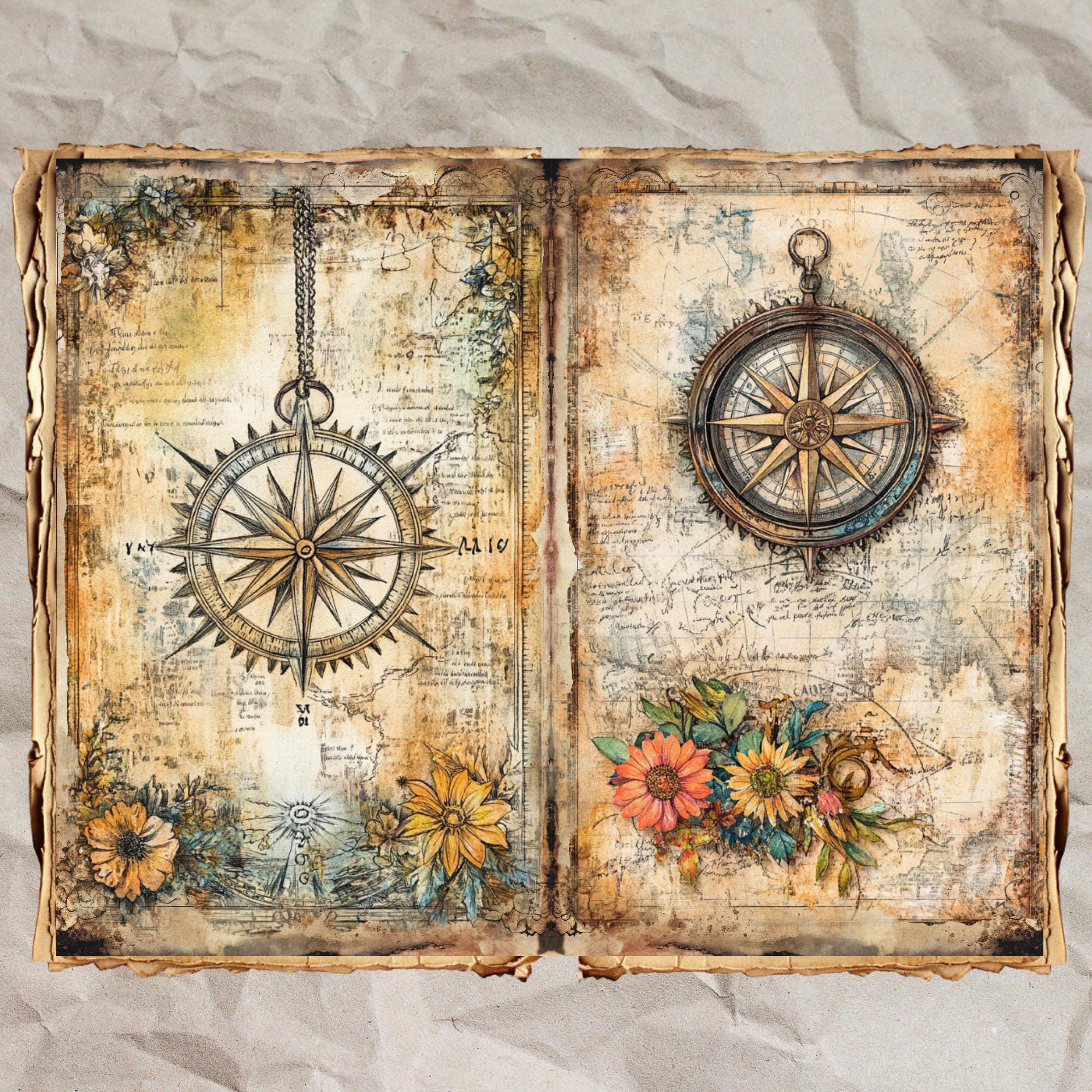 Vintage Compass Map Junk Journal Pages: Shabby Chic Ephemera (40 JPEG ...