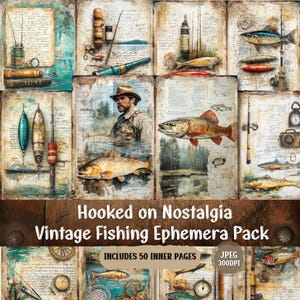 Hooked on Nostalgia – Vintage Fishing Ephemera Pack | Vintage Junk Journal | Shabby Chic Paper Craft Collage Sheet for Scrapbooking.