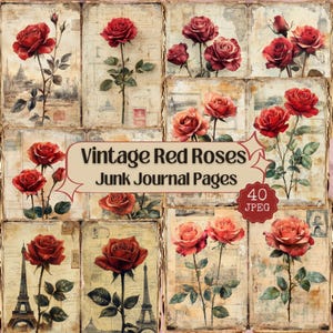 Vintage Red Roses Junk Journal Printable Pages | Red Roses With Old Postcard Background Kit | Shabby Chic Ephemera Scrapbooking | 40 JPEG.