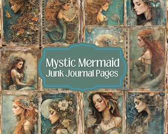 Può includere: Un collage di nove immagini in stile vintage con sirene con dettagli intricati e un tema mistico. Le immagini sono perfette per l'artigianato e lo scrapbooking.