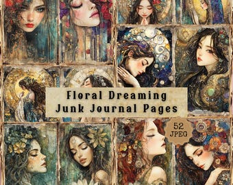Könnte beinhalten: Eine Collage von digitalen Kunst-Journalseiten mit Frauen und floralen Elementen. Die Illustrationen sind im Vintage-Stil gehalten, mit weichen Farben und verträumten Gesichtsausdrücken. Der Text "Floral Dreaming Junk Journal Pages" ist sichtbar.