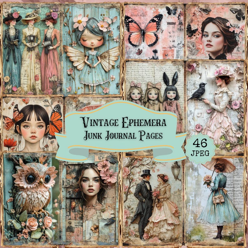 Vintage Ephemera Junk Journal Pages | Mixed Media Art Themed Journal ...