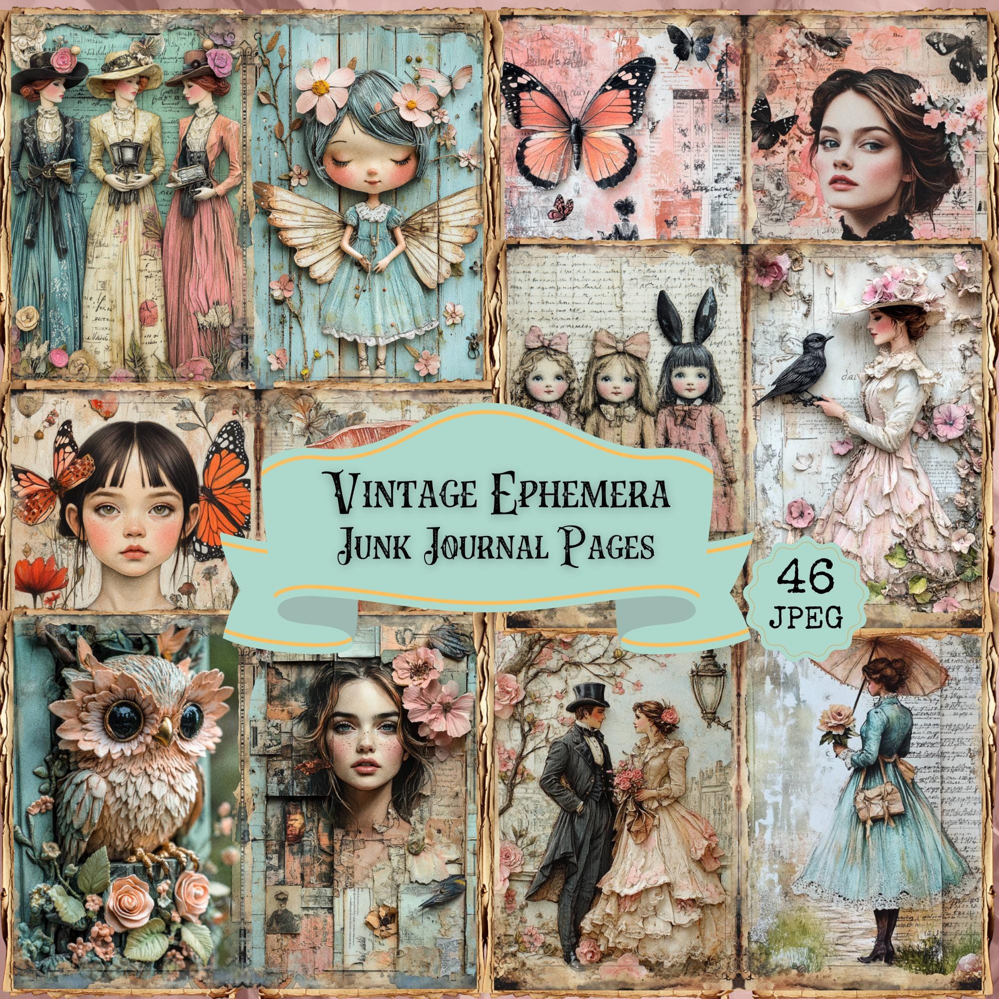 Vintage Ephemera Junk Journal Pages | Mixed Media Art Themed Journal ...
