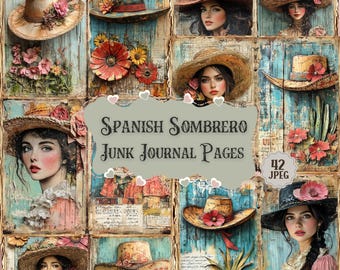 May include: A collage of 42 digital images featuring Spanish sombreros, flowers, and women with vintage-inspired clothing. The images are perfect for scrapbooking, junk journaling, and other creative projects.